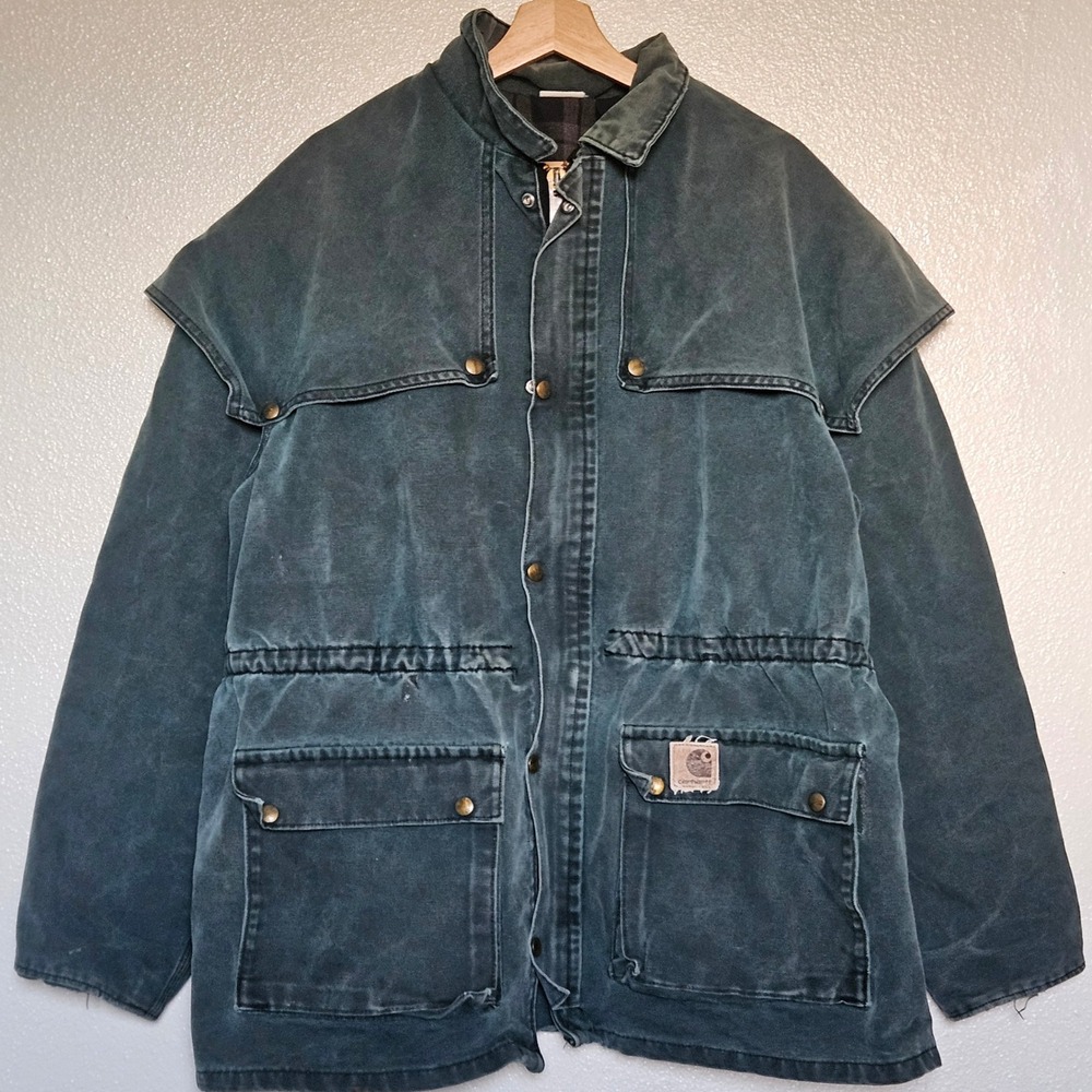 Vintage Carhartt Southwest Stockman Coat Duck‎ Canvas Plaid Lined Teal Green